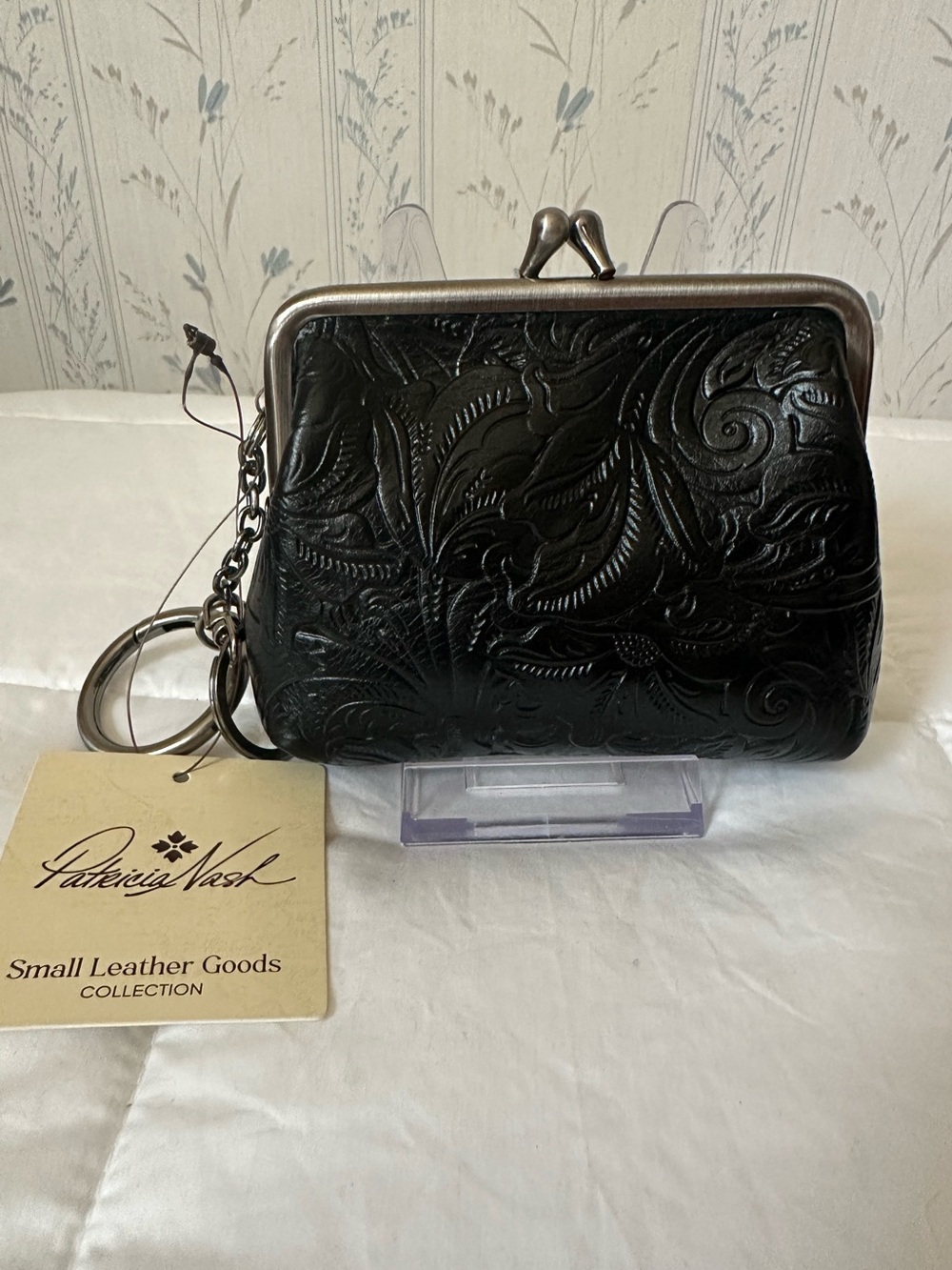 Patricia Nash Black Embossed Leather Kiss-Lock Coin Purse